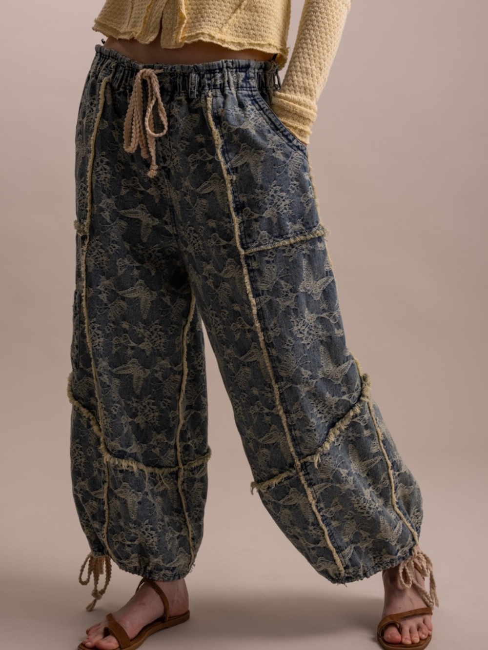 Bluevelvet Dark Wash Butterfly Pattern Multi wear Wide leg Denim Pants - Picture 2 of 7